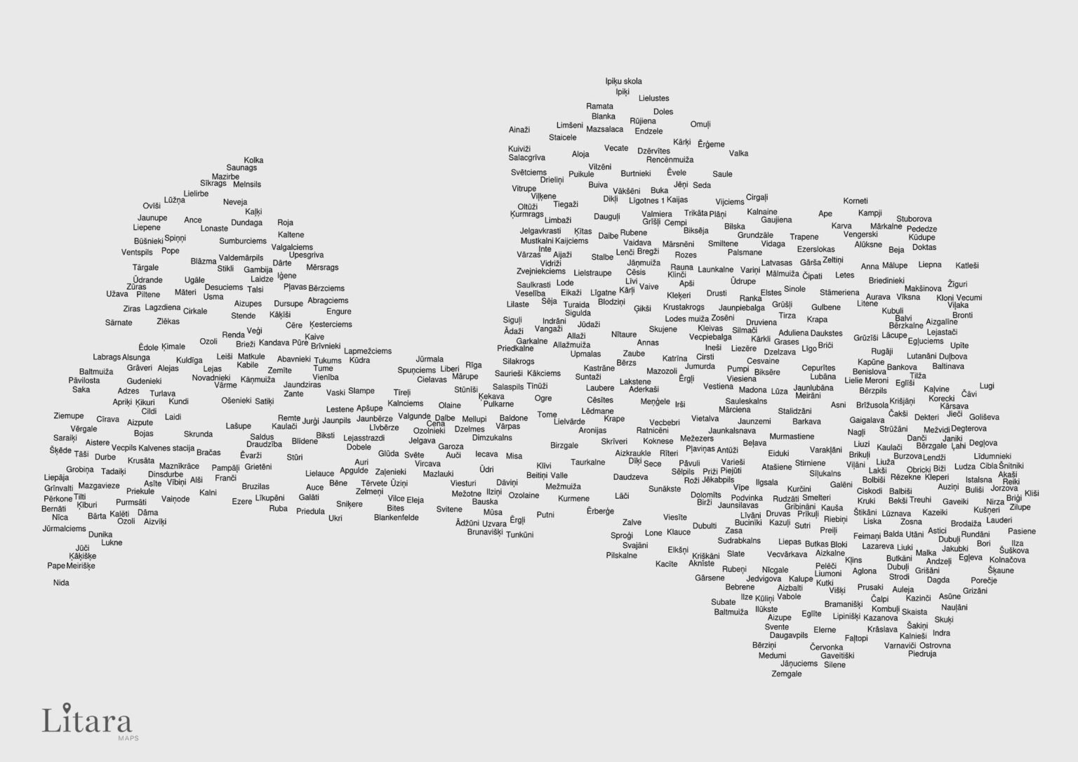 [OC] I created a typographic map of Latvia using the names of its towns and settlements