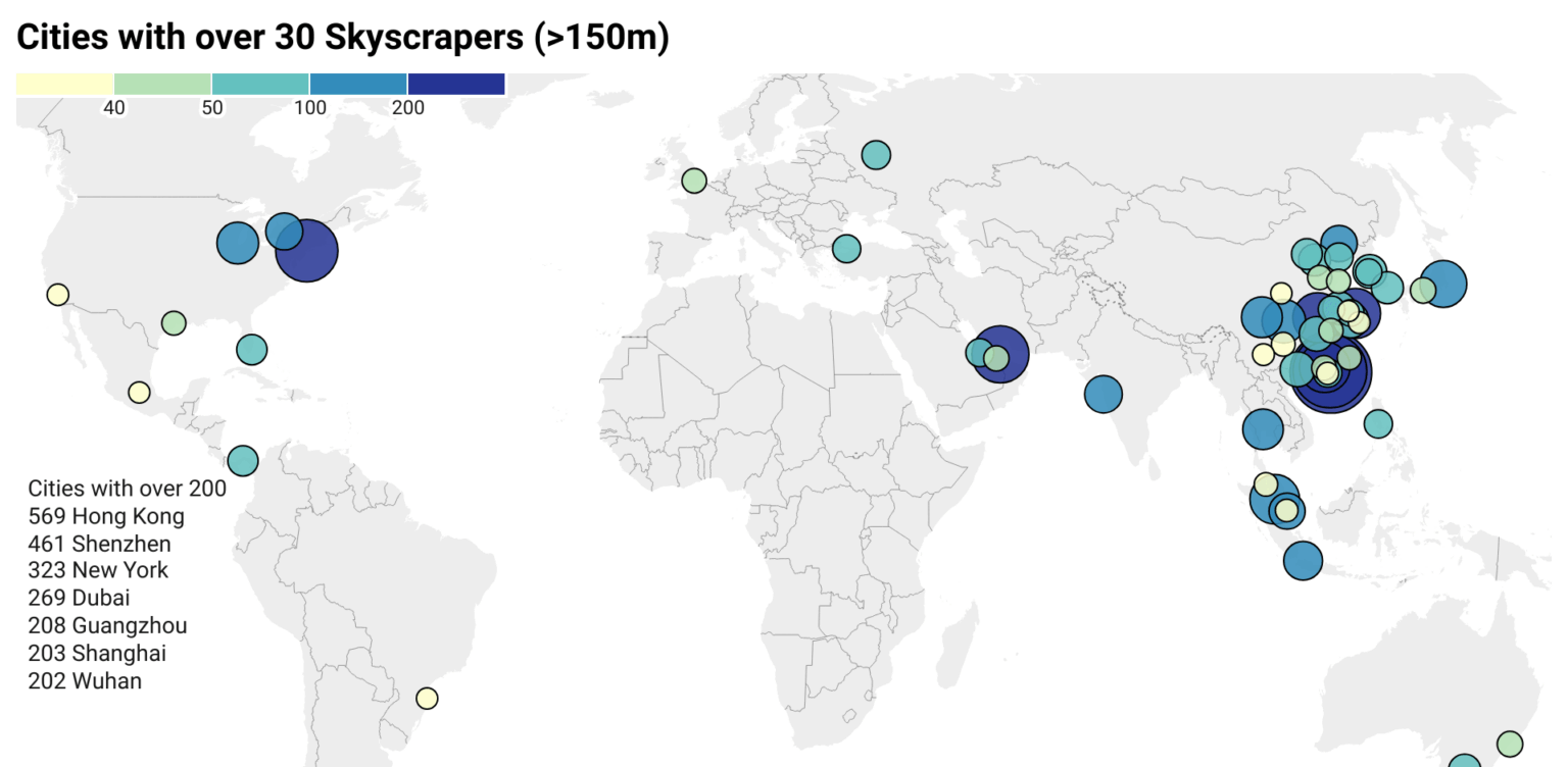 [OC] Cities with over 30 Skyscrapers (>150m)
