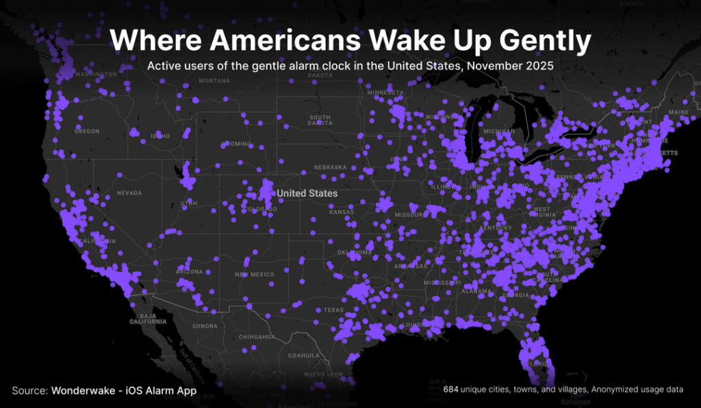 [OC] I pulled anonymized usage data from a gentle alarm clock iOS app and mapped where people are using it across the US