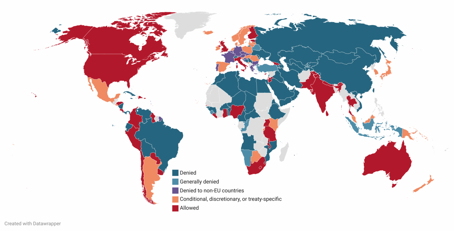 [OC] Countries that do or do not extradite their own citizens (work-in-progress, advice welcome)