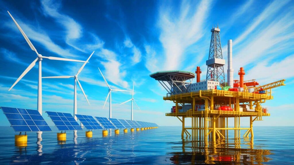 Illustration of offshore oil and gas platforms as renewable energy gains prominence in global energy investments.