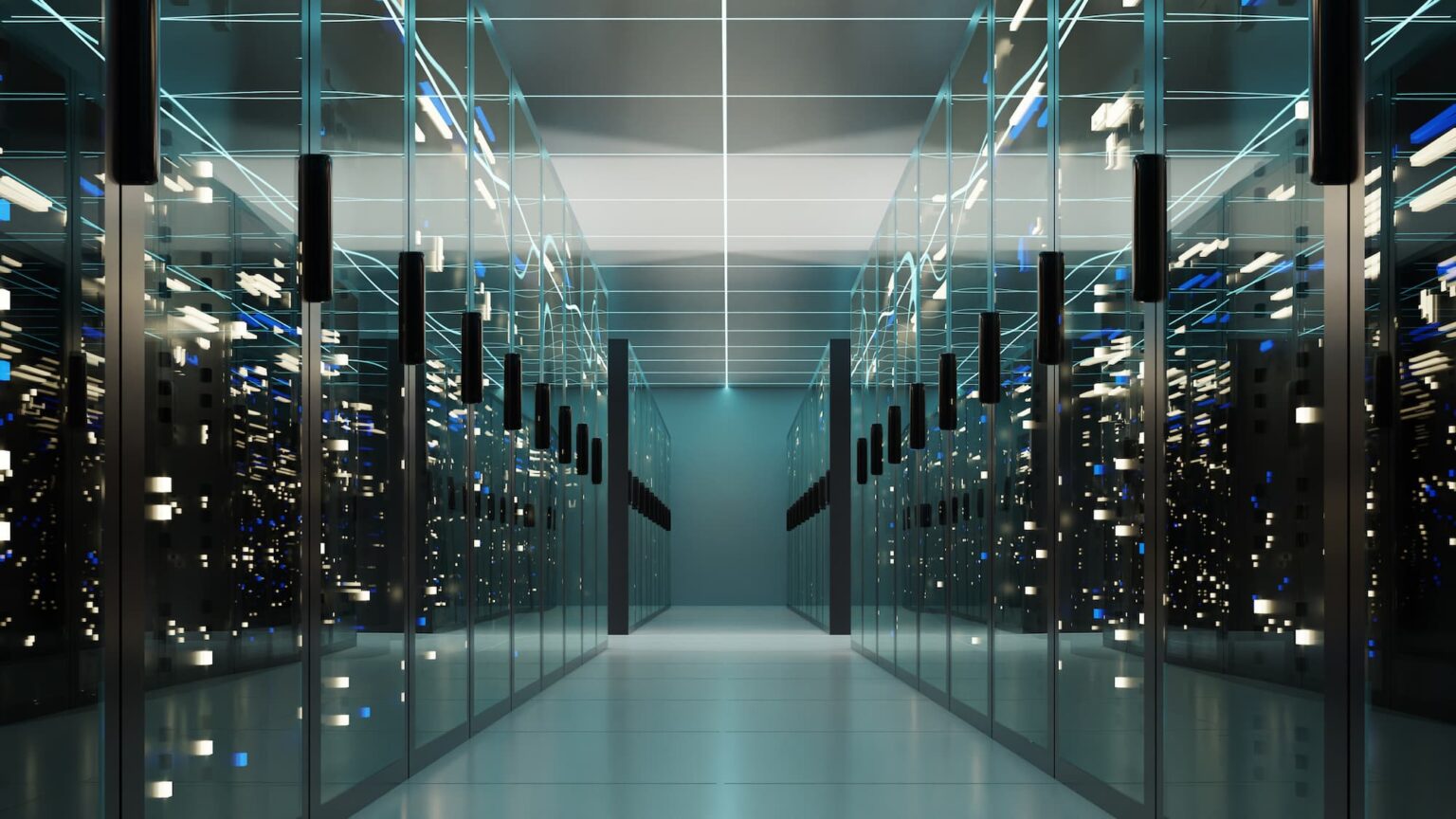A photo illustration of a computer server room
