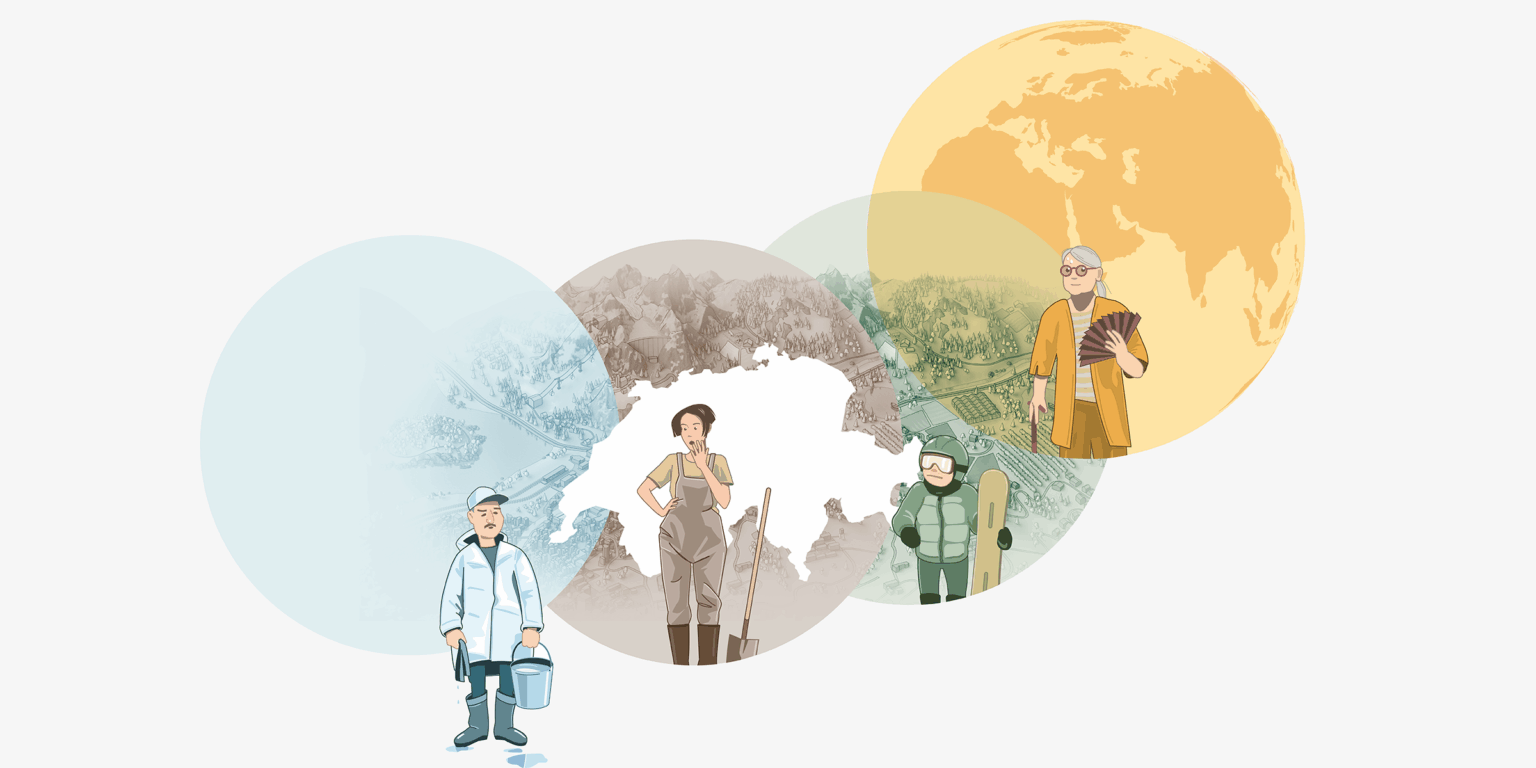 A montage of four circles, each containing one person. In the first circle is a man holding a bucket of water; in the second, a woman in farming clothes who looks shocked; in the third, a disappointed snowboarder; and in the last, an elderly woman who is sweating.