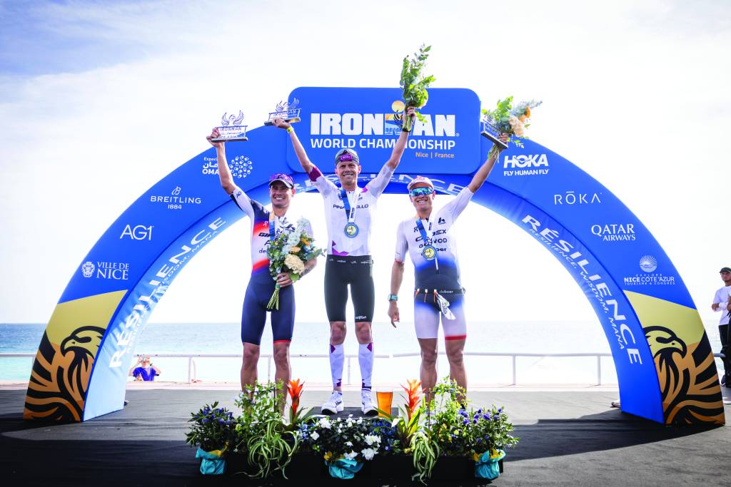 (L-R) Gustav Iden of Norway (2nd place), Casper Stornes of Norway (1st place) and Kristian Blummenfelt of Norway (3rd place) pose for a picture during the flower ceremony of the the 2025 IRONMAN World Championship on September 14, 2025 in Nice, France.