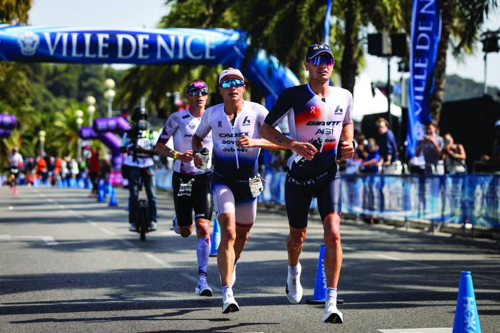 Gustav Iden of Norway (2nd place), Kristian Blummenfelt of Norway (3rd place) and Casper Stornes of Norway (1st place) compete in the run leg during the 2025 IRONMAN World Championship on September 14, 2025 in Nice, France.