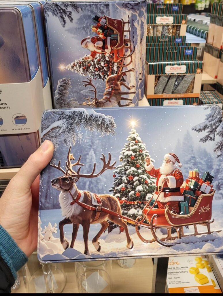 In Switzerland's largest supermarket chain, they sell a cookie box with an AI design (the reindeer has five legs)