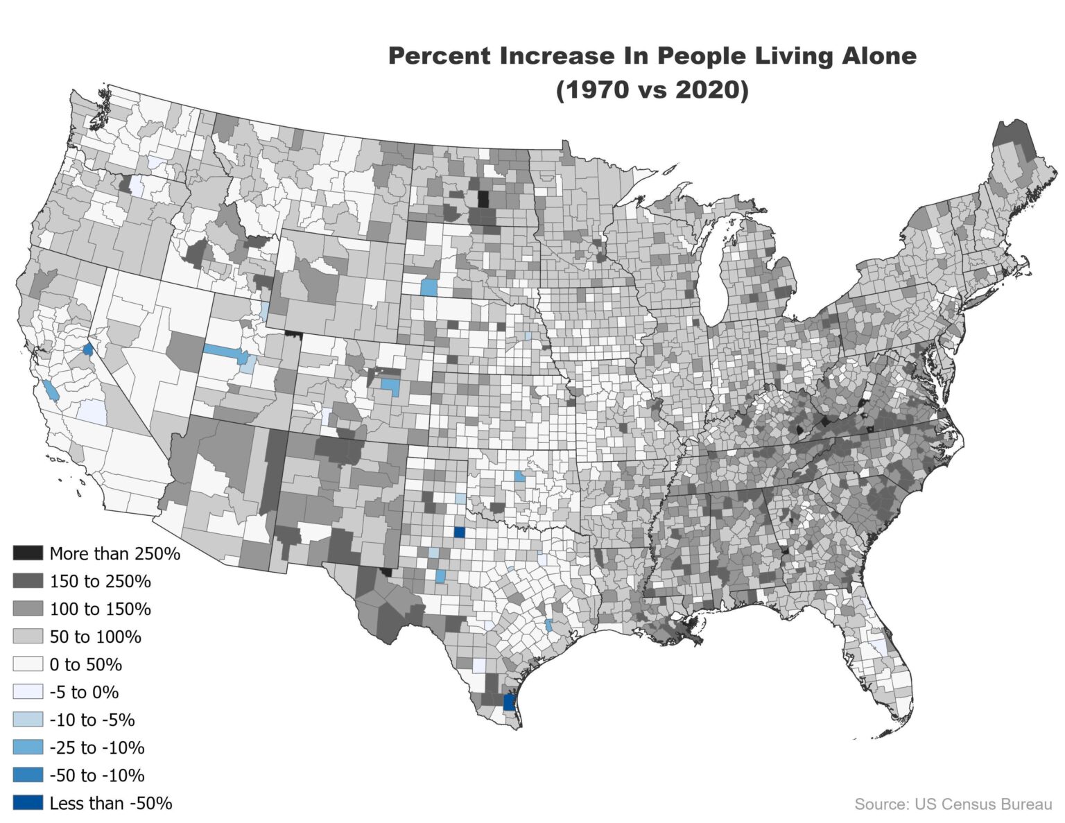Increase In People Living Alone Per County (1970 vs 2020) [OC]