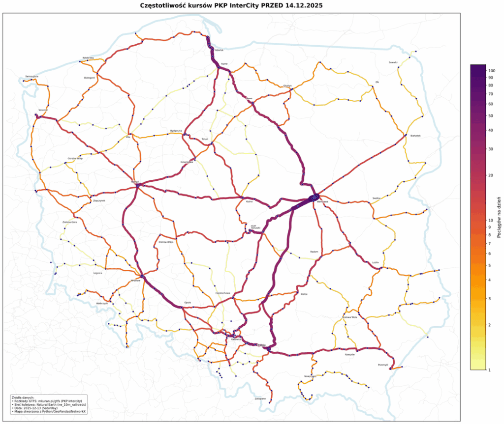 Frequency map of PKP Intercity trains before and after the timetable change December 14, 2025