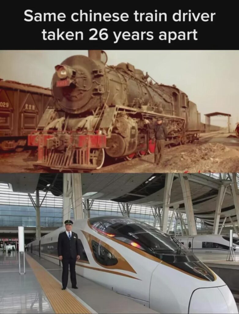Same driver, but driving two different generations of trains (26 years apart).