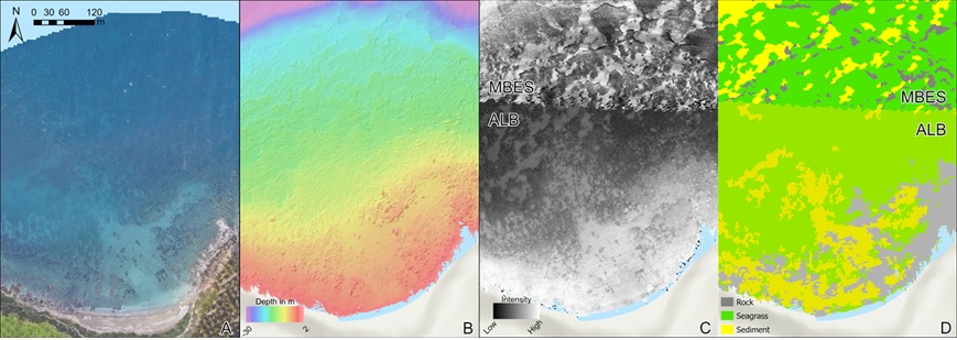 Mapping process for seafloor classification in Milazzo, Sicily. A) Aerial RGB photo; B) high-resolution multibeam and LiDAR bathymetry; C) LiDAR intensity (preliminary not processed) and MBES backscatter; D) preliminary seafloor classification results deriving from their integrated analysis.