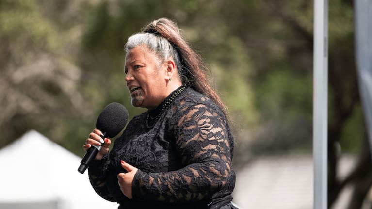 Mariameno Kapa-Kingi speaking at Waitangi earlier this year.