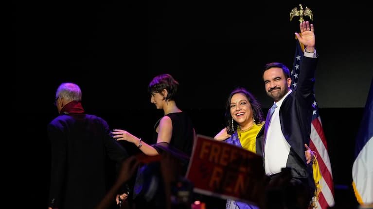 Mayor-elect Zohran Mamdani, right, walks off the stage with his mother, Mira Nair, second from right, his wife Rama Duwaji, and father Mahmood Mamdani, after making his acceptance speech at election night watch party, Tuesday, Nov. 4, 2025, in New York.