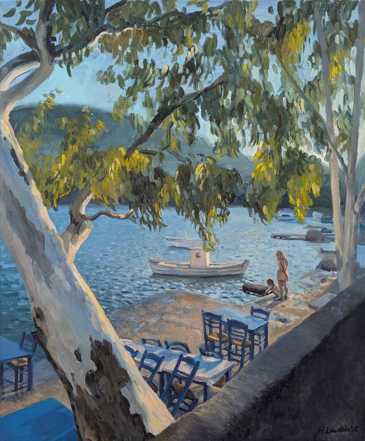 This is my painting of golden light in Vathy, Ithaca. It was early autumn and the sun was just about to disappear behind the mountains, giving the air a golden glow. I wanted this painting to feel soft, serene and intimate. It’s all about that beautiful light. I hope you like it