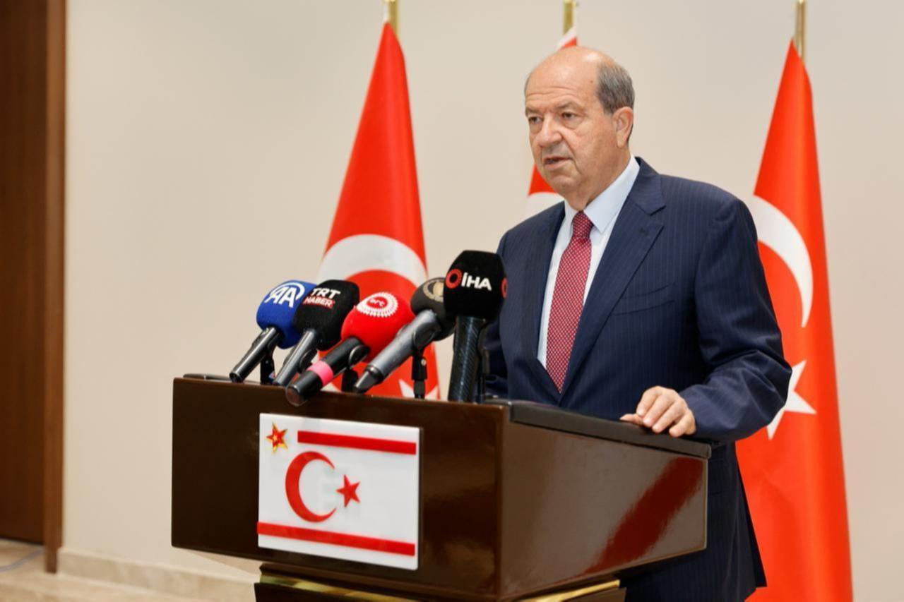 Turkish Cypriot President Ersin Tatar holds a press conference after his meeting with United Nations Secretary-Generals Personal Envoy on Cyprus Maria Angela Holguin Cuellar in Lefkosia, Turkish Republic of Northern Cyprus (TRNC) on May 29, 2025. (AA Photo)