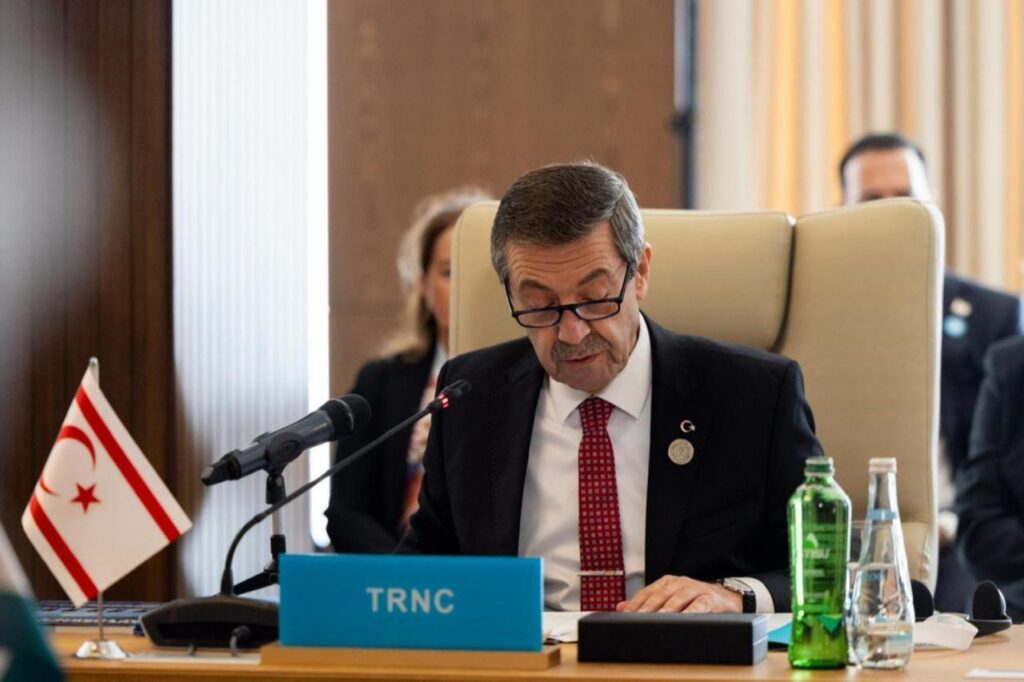 Turkish Cyprus Foreign Minister Tahsin Ertugruloglu speaks during the meeting of Council of Ministers of Foreign Affairs of Organization of Turkic States in Gabala, Azerbaijan, Oct. 7, 2025. (AA Photo)