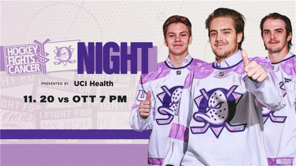 Ducks to Host Hockey Fights Cancer Night Presented by UCI Health Thursday, NOV. 20 