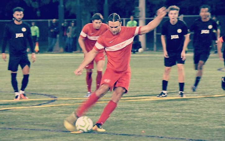 Matt Fondy of Olympic Club steps up to take a penalty kick against JASA RWC in the 2020 US Open Cup Qualifying. Photo: 3pointsport (IG)