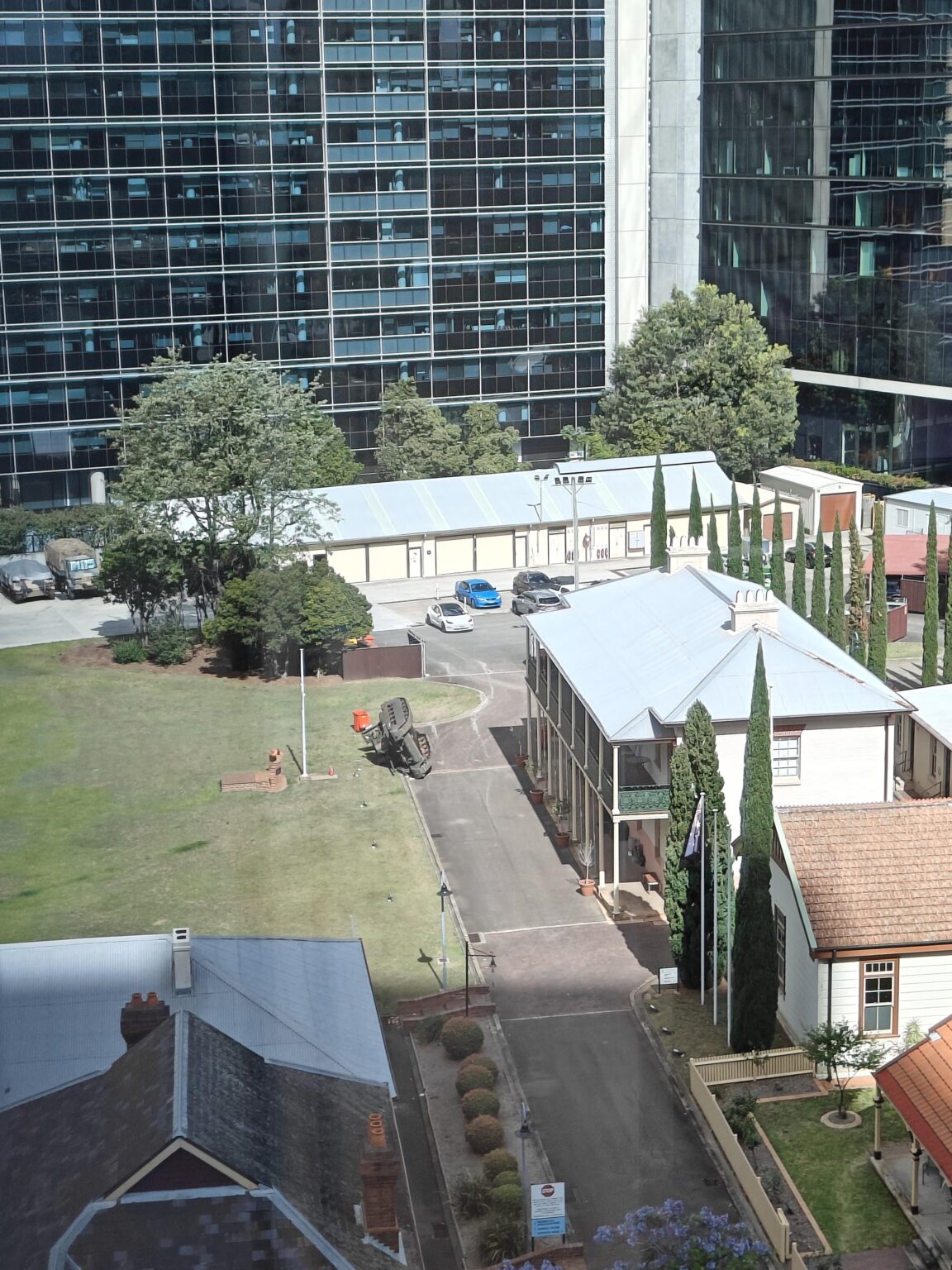 A tank somehow overturned at Lancer Barracks in Parramatta
