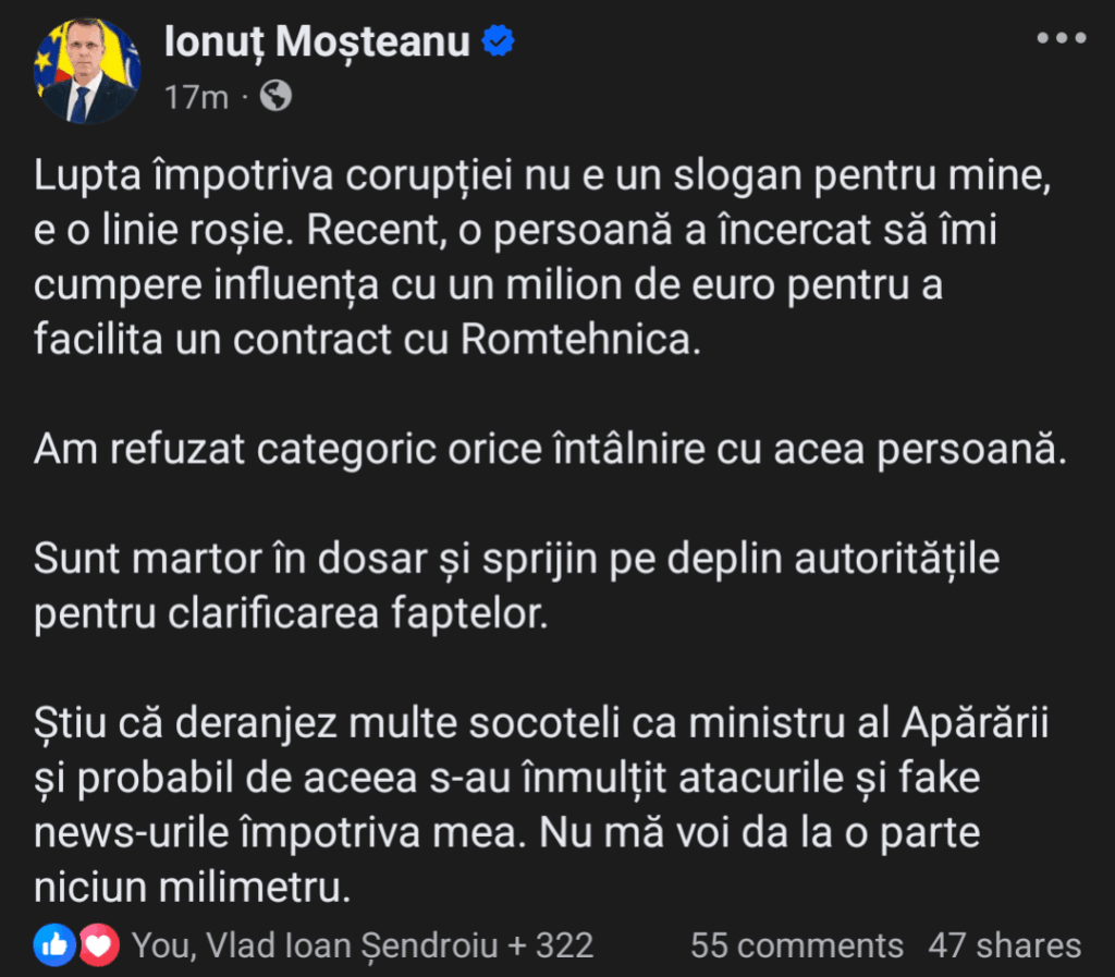 Moșteanu about the bribe of 1 million euros refused