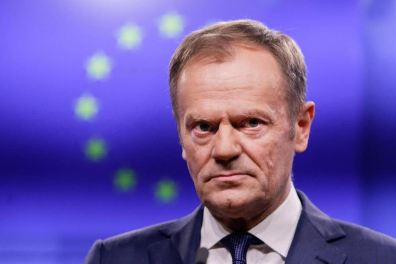 European Council President Donald Tusk makes a statement with Irelands prime minister following a meeting at the European Council headquarters in Brussels on Feb. 6, 2019. (AFP Photo)