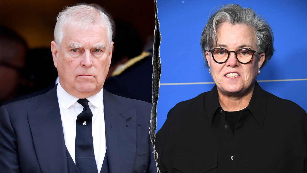 Split photo of Prince Andrew and Rosie O'Donnell.