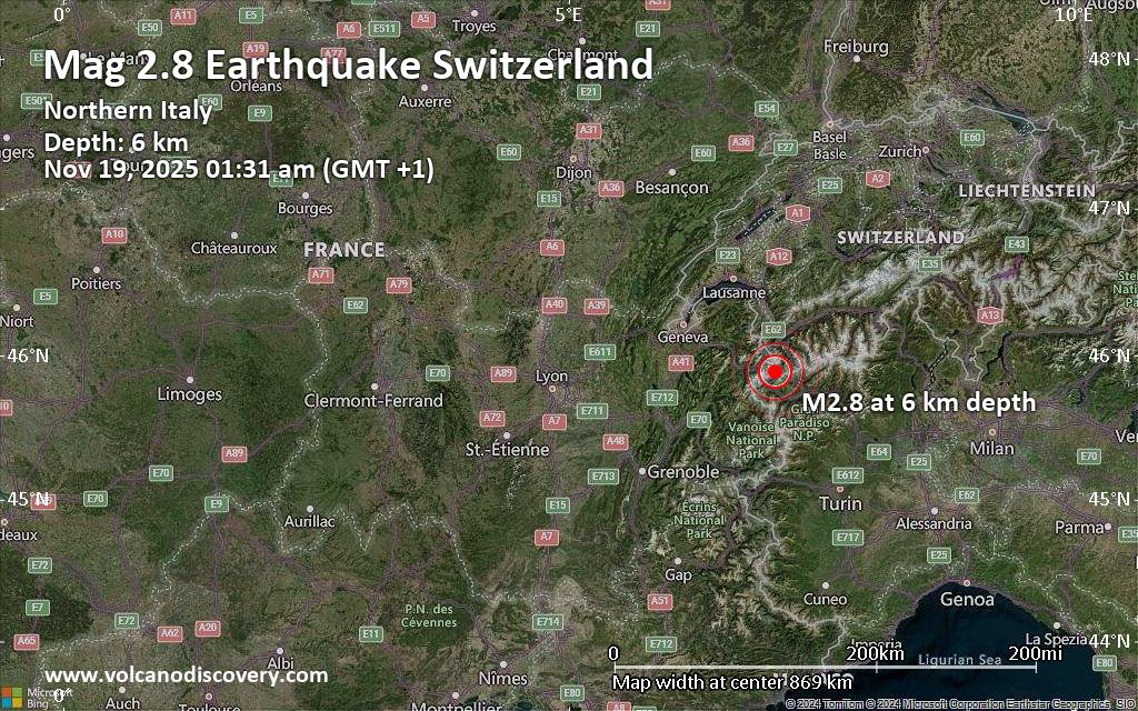 Small Magnitude 2.8 Quake Hits 45 km Southwest of Sitten, Switzerland Early Morning