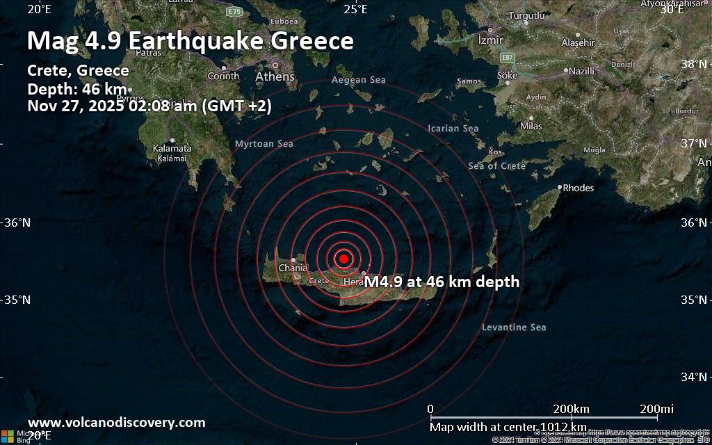 Moderate Magnitude 4.9 Quake Hits 38 km Northwest of Irakleion, Greece Early Morning