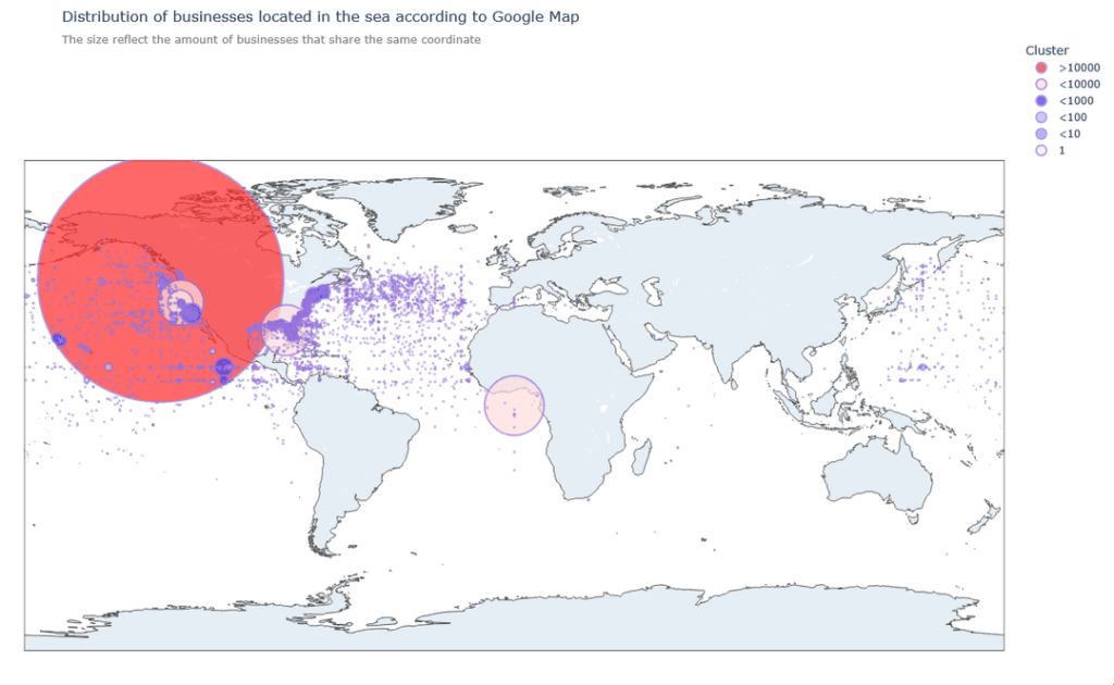 [OC] A discovery of businesses located on the sea... according to Google Map.
