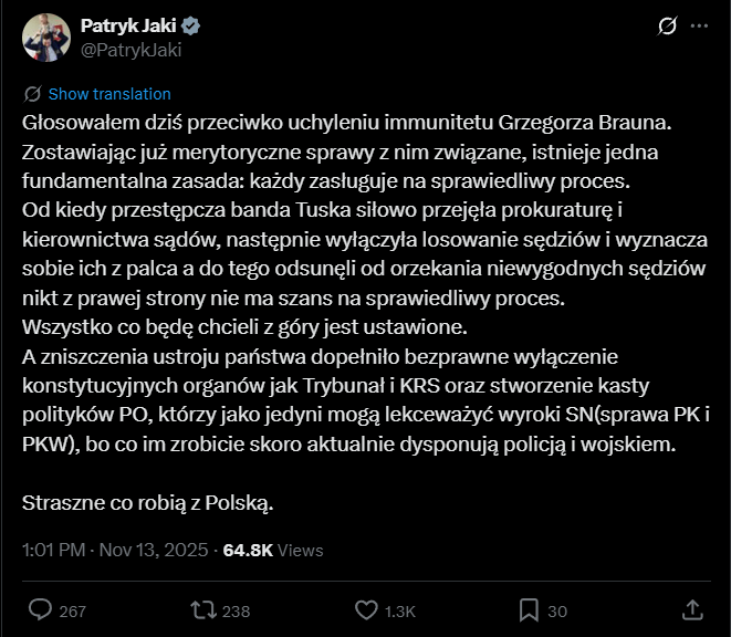 Patryk Jaki voted against lifting the immunity of Grzegorz Braun