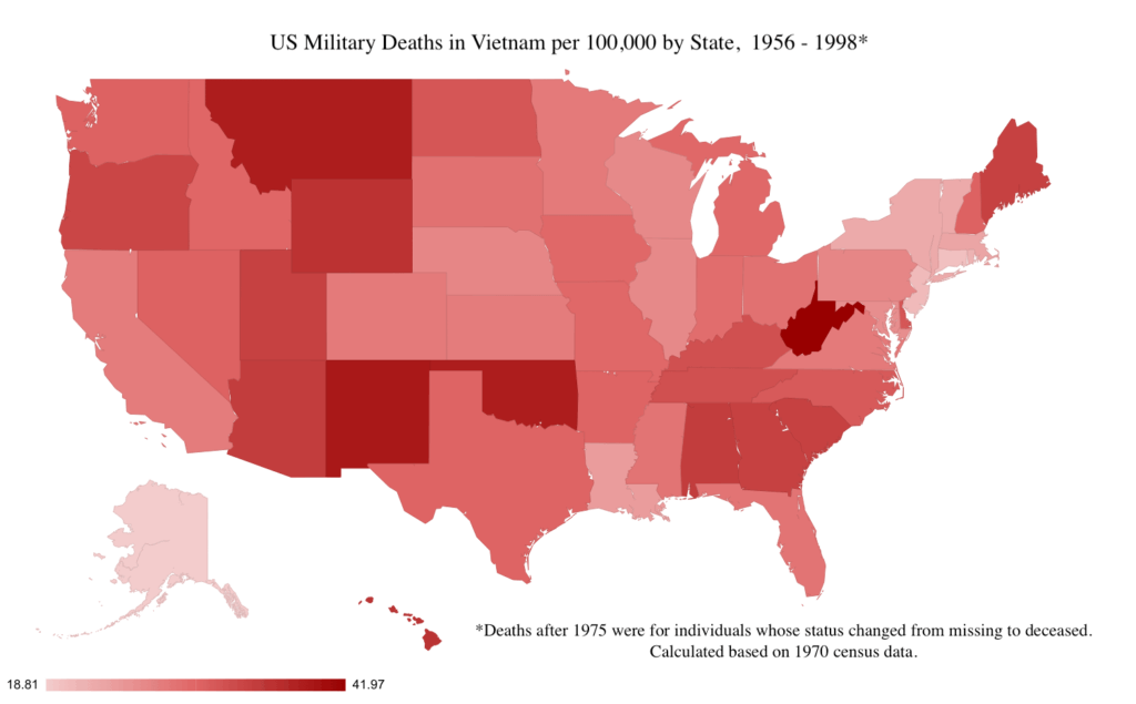 [OC] US Military Deaths in Vietnam War by State, per 100k population. 1956-1998.