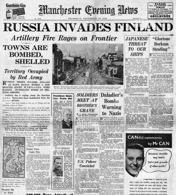 Russia invaded Finland starting Winter War on Nov. 30, 1939