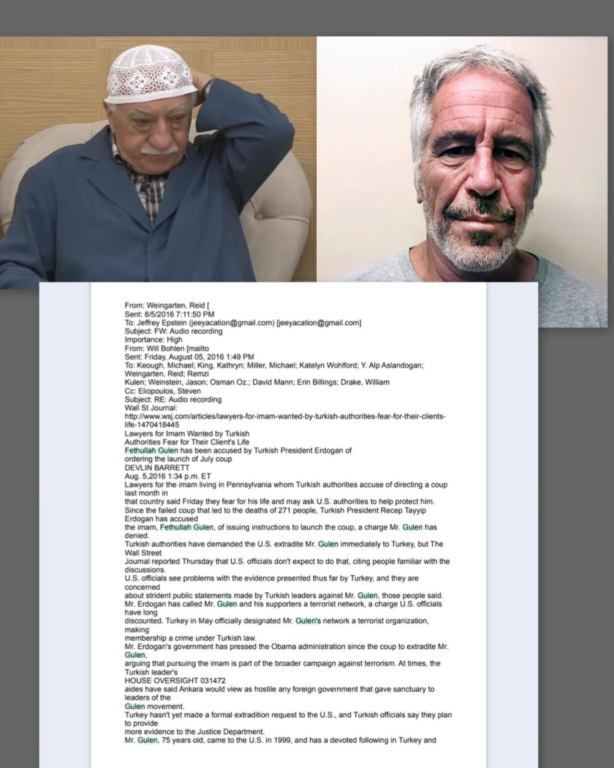It was revealed that Fetullah Gülen's lawyer in the USA, Reid Weingarten, asked pedophile Jewish billionaire Jeffrey Epstein for help for Gülen.