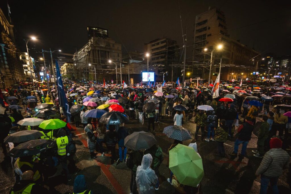 People gather in front of the bomb-damaged former Yugoslav army headquarters to protest against a real estate development project financed by the firm of Donald Trumps son-in-law, Jared Kushner, at the site of the building which was destroyed in a U.S.-led NATO bombing campaign in 1999 in Belgrade, Serbia on March 24, 2025. (AFP Photo)
