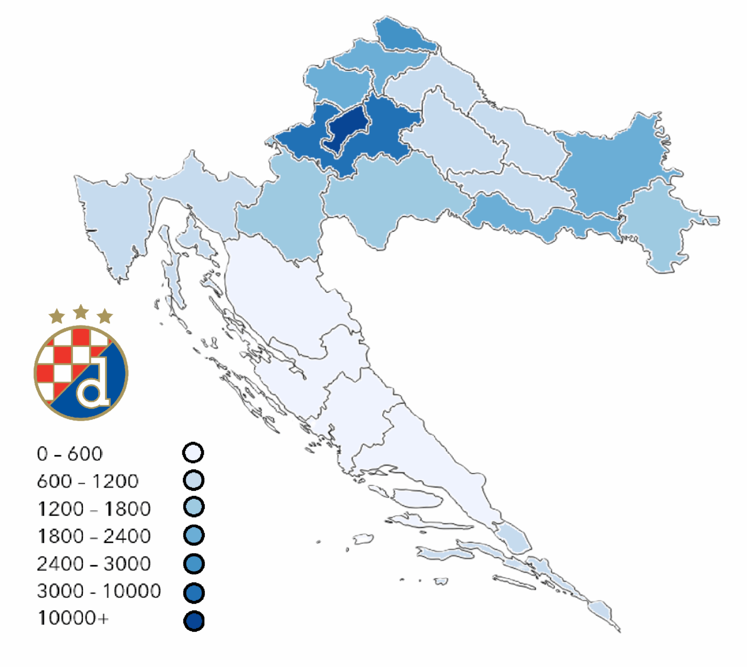 Map of the number of Dinamo members by county