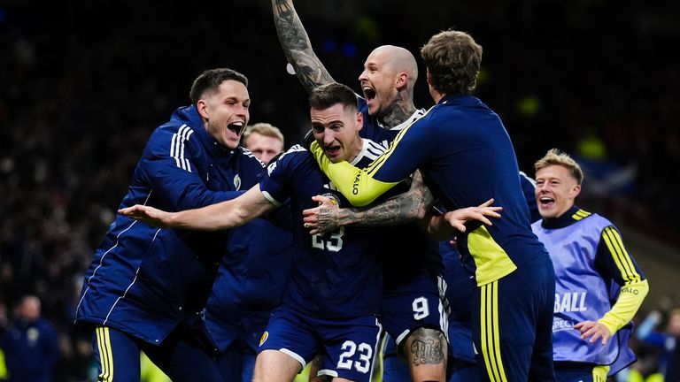 Scotland's Kenny McLean celebrates scoring his side's fourth goal against Denmark. Pic: PA