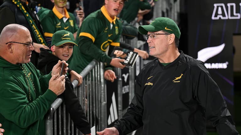 Springboks head coach Rassie Erasmus greets supporters before the Test against the All Blacks at Eden Park in September.