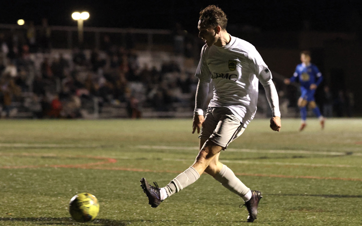 Sam Boehm of Steel City FC strikes the ball in a 2026 US Open Cup qualifier against Croatia Cleveland. Photo: Randy Werner