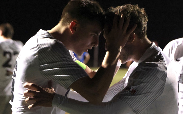 Nick Graeca and Sam Boehm of Steel City FC celebrate after scoring a goal against Croatia Cleveland in a 2026 US Open Cup qualifier. Photo: Randy Werner