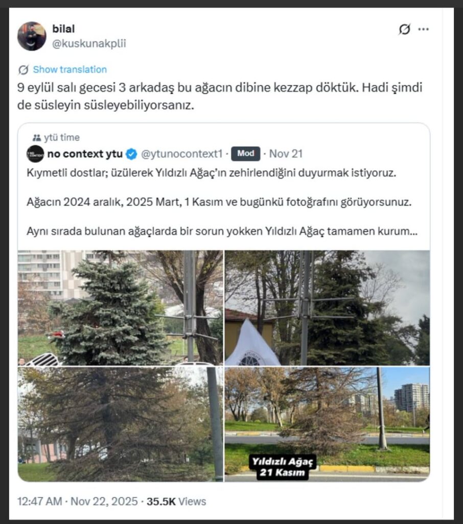 The tree known as the "Star Tree", located in Yıldız Technical University and decorated every New Year's Eve, was poisoned by pouring vitriol on it.