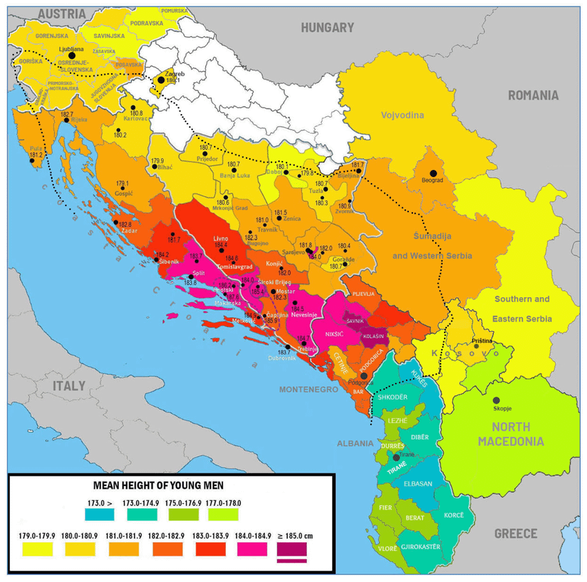 What is the average height in Slavonia and Zagorje?