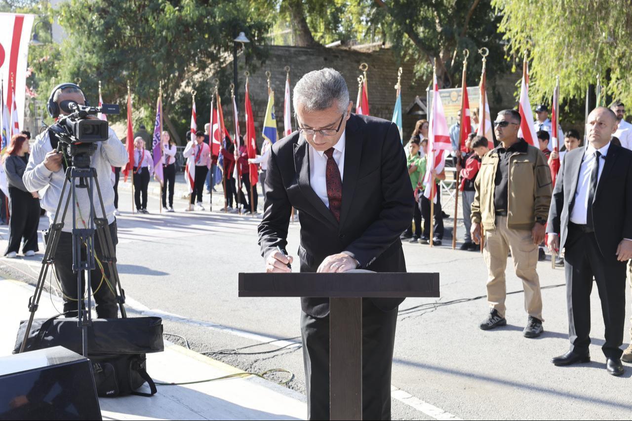 The TRNC’s 42nd anniversary and 15 November Republic Day were celebrated with ceremonies, during which President Tufan Erhurman signed the monument’s memorial book at TRNC on Nov. 15, 2025. (AA Photo)