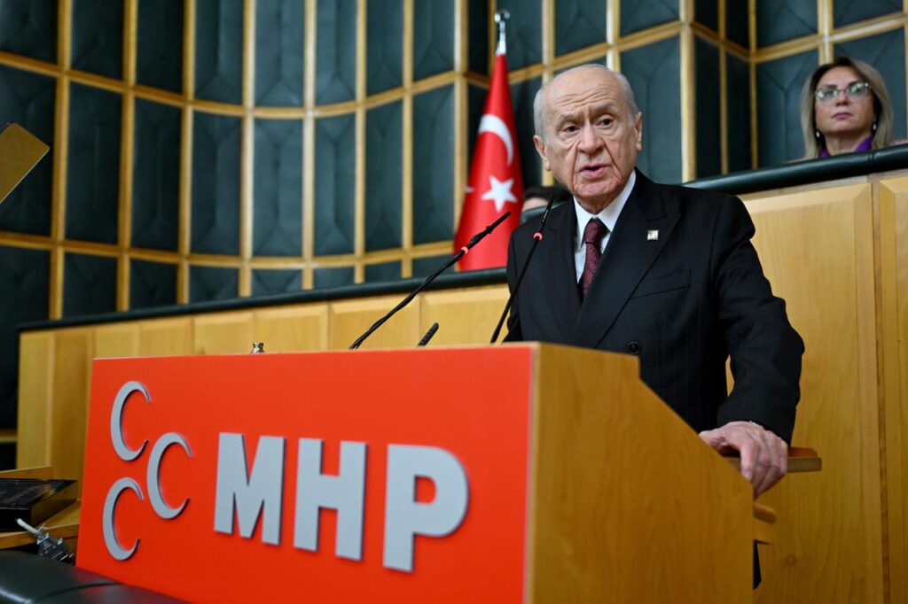 Türkiyes Nationalist Movement Party (MHP) leader Devlet Bahceli makes a speech during his partys group meeting at the Turkish Grand National Assembly in Ankara, Türkiye on Nov. 4, 2025. (AA Photo)