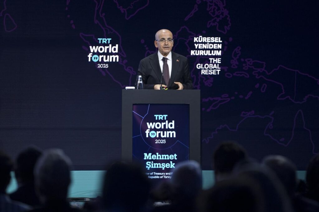Turkish Finance Minister Mehmet Simsek speaking at the TRT World Forum 2025 in Istanbul, Türkiye on Nov.1, 2025. (AA Photo)