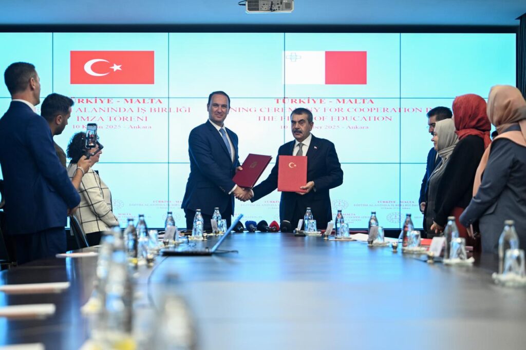 Turkish Education Minister Yusuf Tekin (right) and Maltese Education, Youth, Sports, Research and Innovation Minister Clifton Grima (left) shake hands after signing a memorandum of understanding on education cooperation between Türkiye and Malta at the Ministry of National Education in Ankara, Türkiye, on Nov. 10, 2025. (AA Photo)