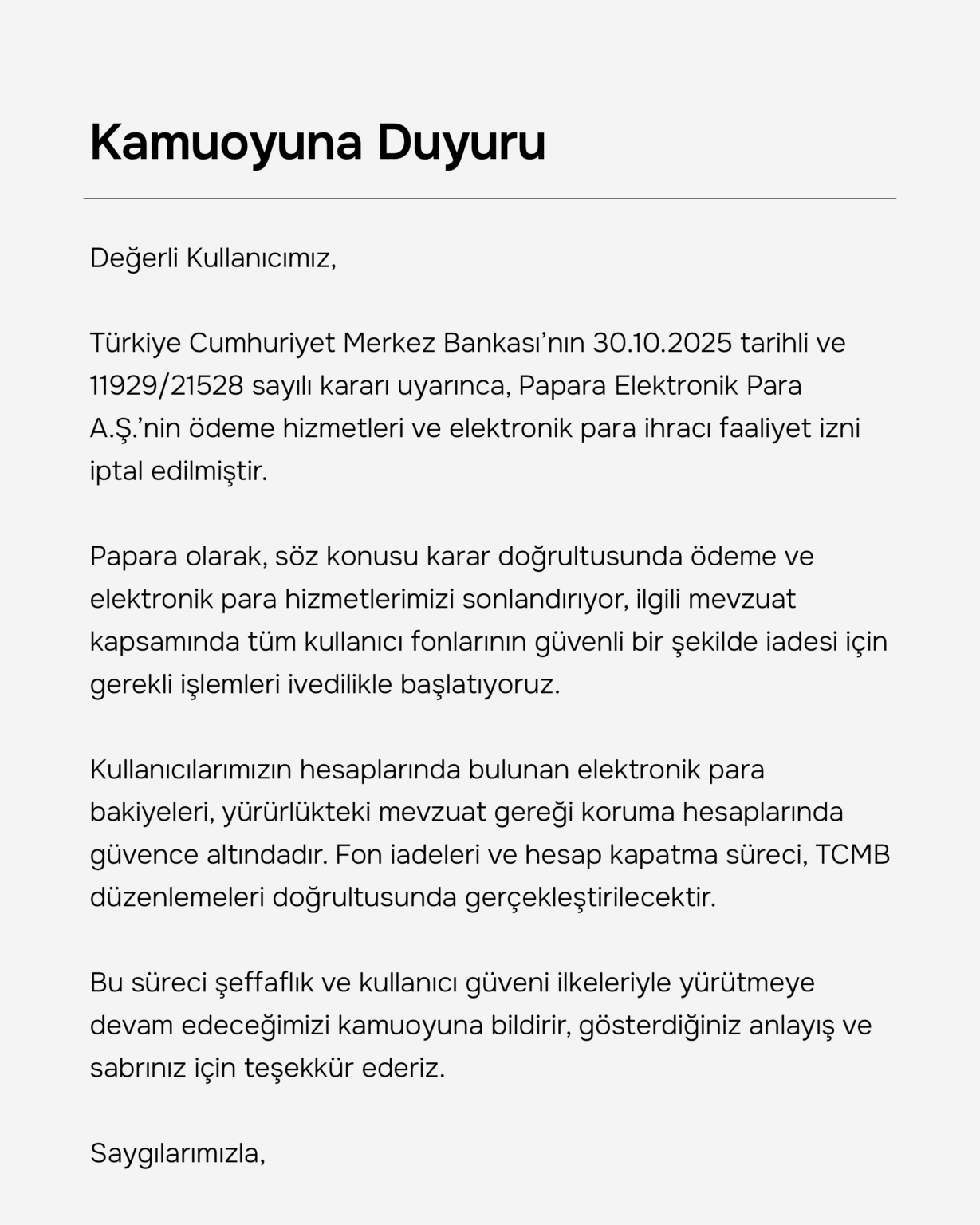 Papara Announced That It Discontinued Payment and Electronic Money Services
