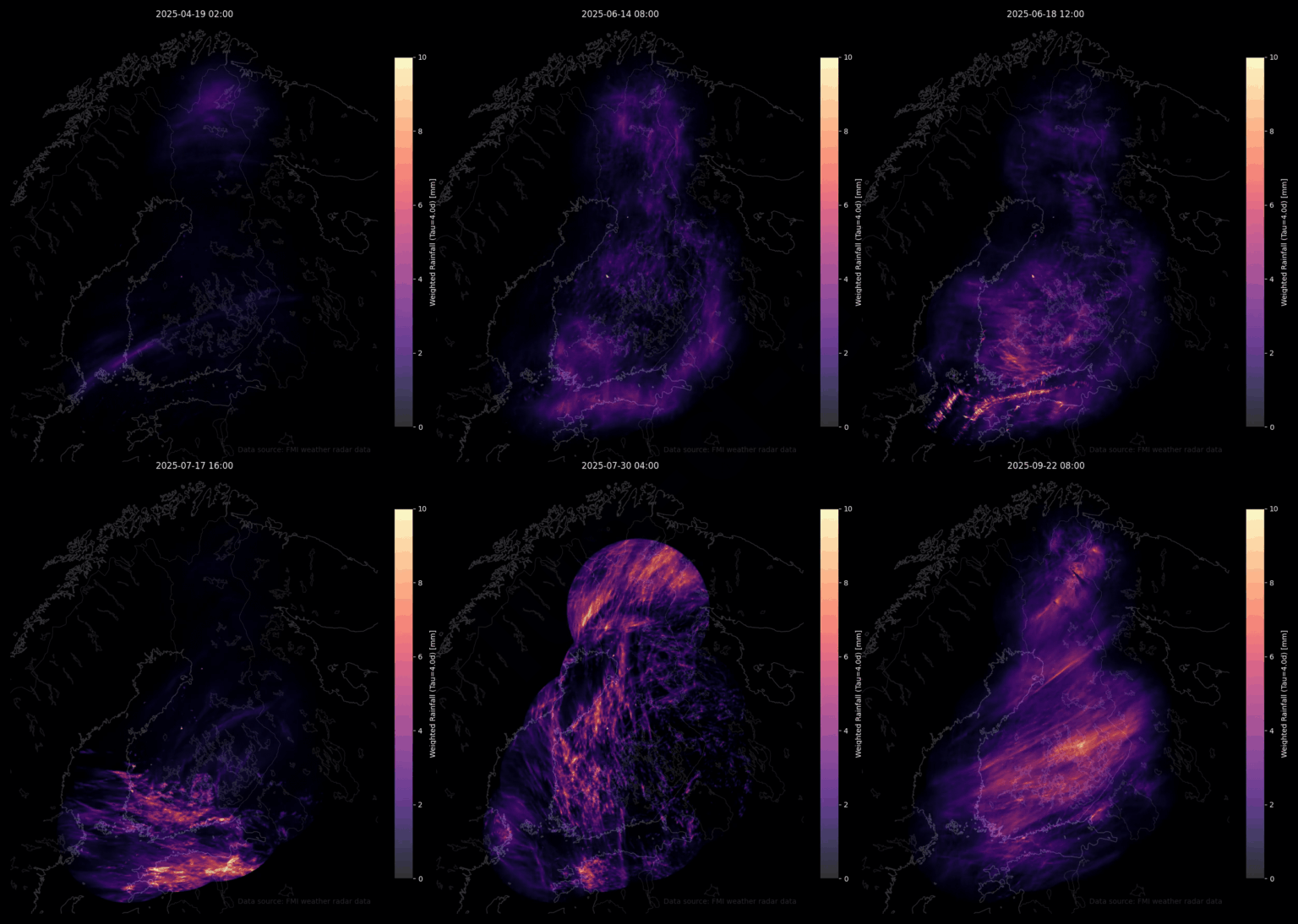 [OC] Hourly Finland rain radar data with 4 days decay time (roughly soil moisture map)