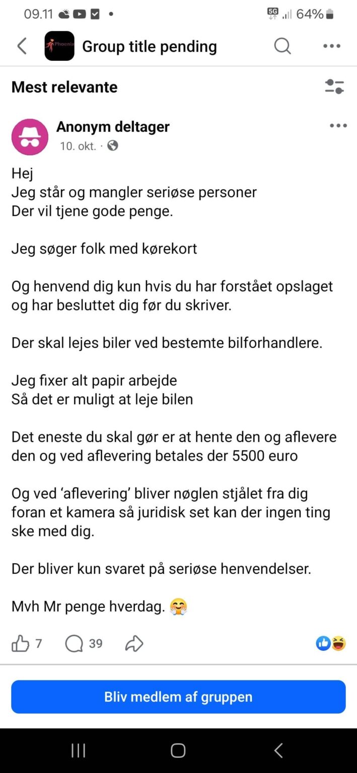 Danish Facebook pages with obvious planned crime.