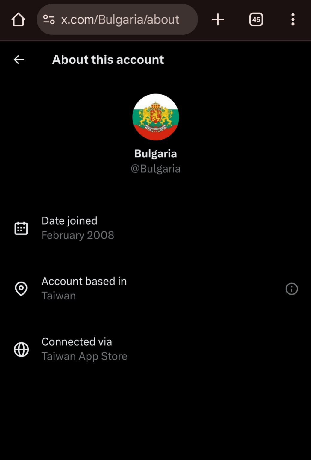 Bulgaria's Twitter account/x - based in Taiwan
