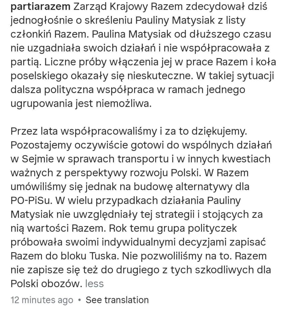 Statement of the Razem Party Union (Paulina Matysiak expelled)