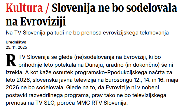 Slovenia will not participate in Eurovision
